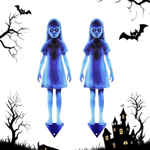 Scary Girl Ghost Courtyard Decoration for Halloween Outdoor, 2PCS Spooky Halloween Ghost Twins Yard Signs with Stakes, 16″ Waterproof Iron Creepy Twins Lawn Signs Ground Stakes for Home Outside Decor