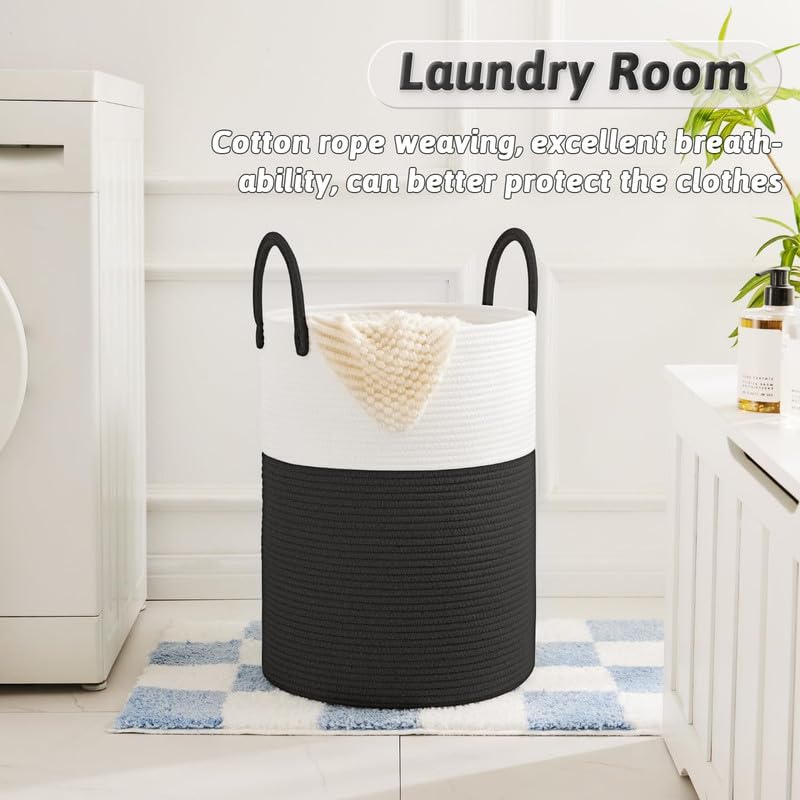 Image of Storage Rope Laundry Hamper Basket for Clothes, Towels and Blankets in Livingroom, Bedroom, Laundry Room and Basket for Nursery Storage (Size - 14 inch x 14 inch x 18 inch) (Black White)