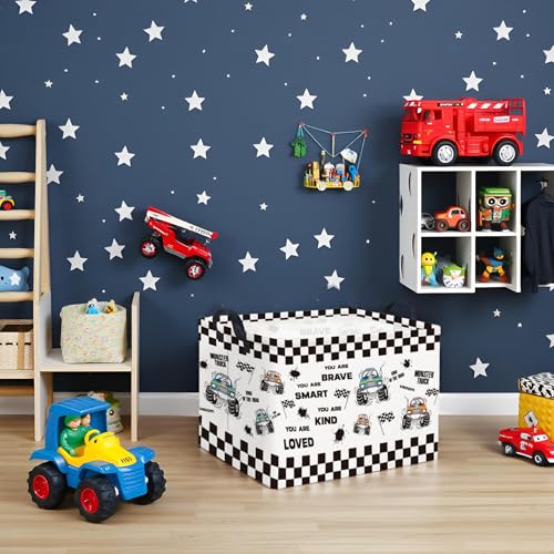 Image of Rectangular Kids Storage Basket Baby Storage Basket with Handles for Home Kitchen Boys and Girls Cute Toy Storage Bin Organizer Shelf Book Room Decor(Flag Truck)