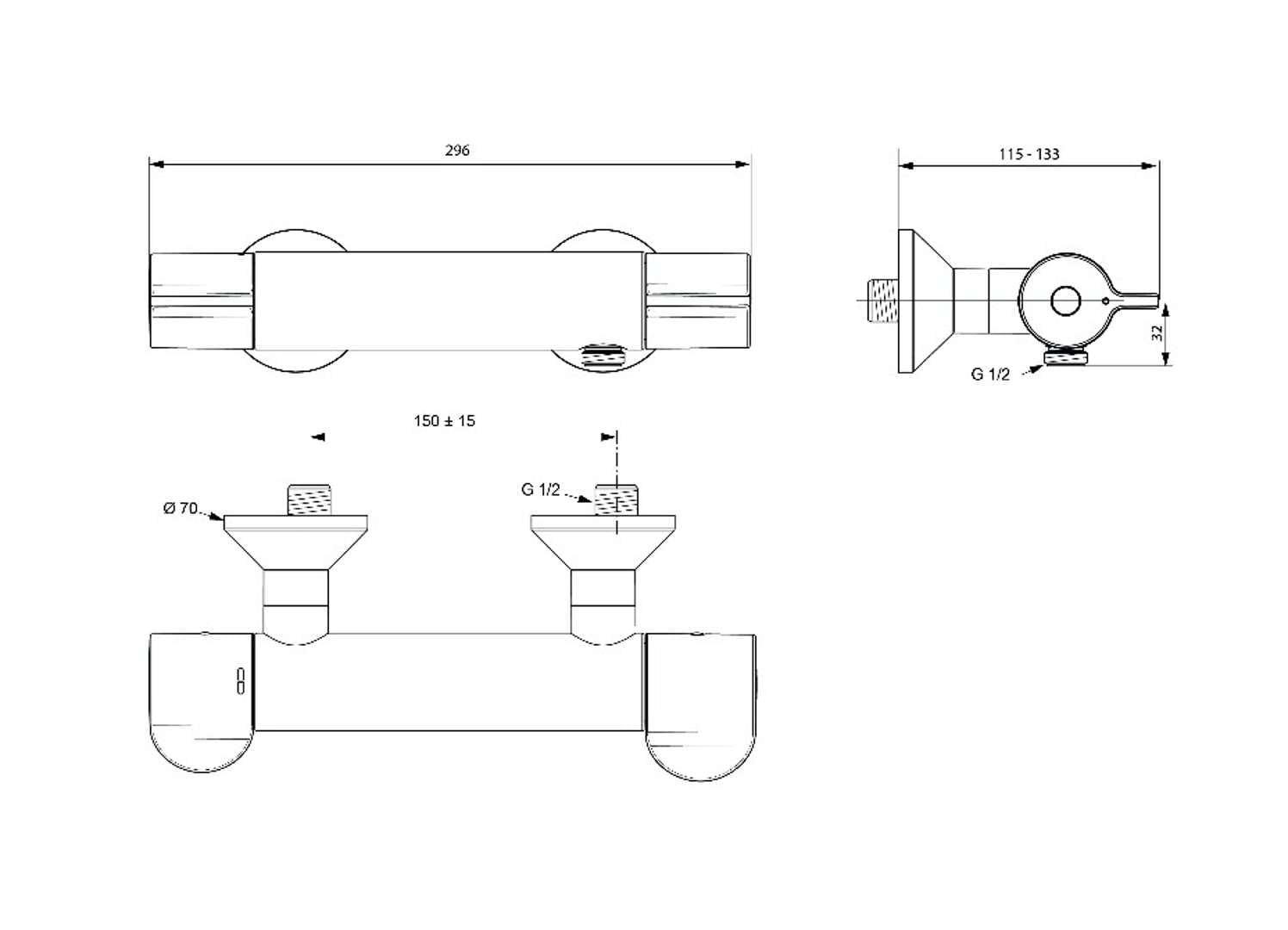 Ideal Standard Brausethermostat Aufputz ceraplus 2, gesamte Ausld. 115-133mm, Chrom, A6871AA