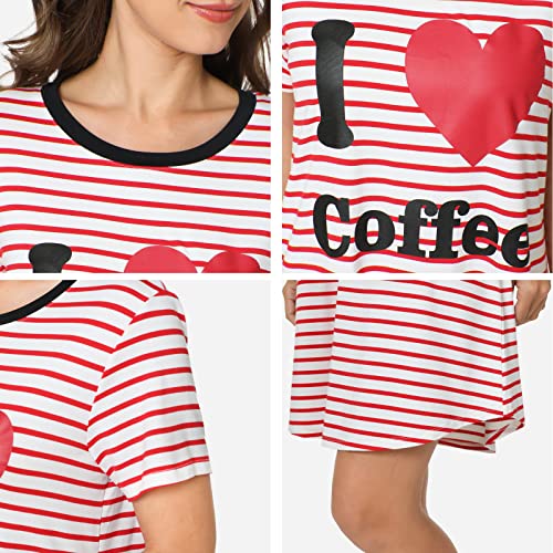 Lazycozy Womens Nightgown Striped Tee Short Sleeve Nightshirt Printed Cute Sleep Shirts Soft Sleepwear, Red Stripe, Small #TOP3