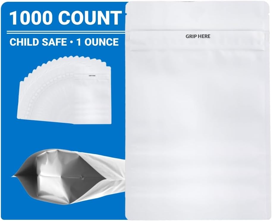 Loud Lock Mylar Bags 1000 Count 9" x 5.875" All White - Child Resistant - Mylar Bags For Food Storage - Resealable Bags