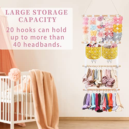 Image of kangaroo Hairband Organizer for Baby Girls, Large Capacity Bow Holder Hair Accessories Wall Hanging Organizer with 20 S-hooks and 2 Pockets, Yellow