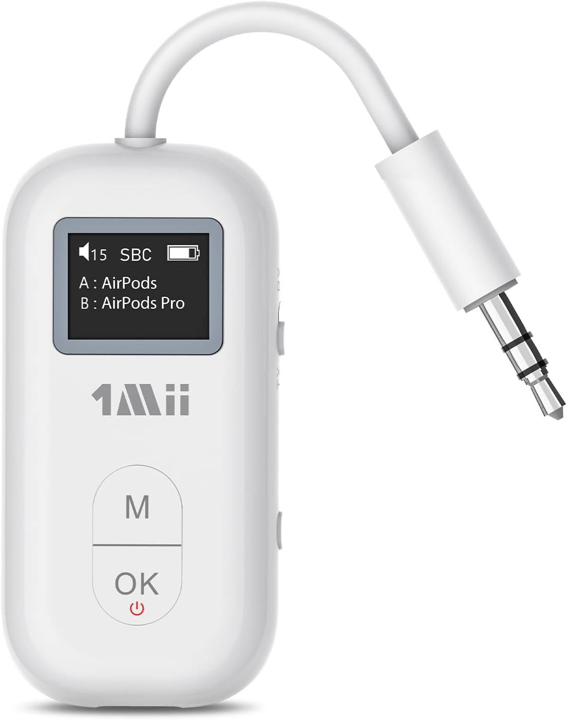 1Mii SafeFly Pro Bluetooth 5.3 Transmitter Receiver, Wireless Audio Adapter w/Screen for 2 Bluetooth Headphones, AptX LL/HD/AD, Use with Any 3.5mm Jack on Airplane, TV, iPad/Tablet, Speaker and Auto