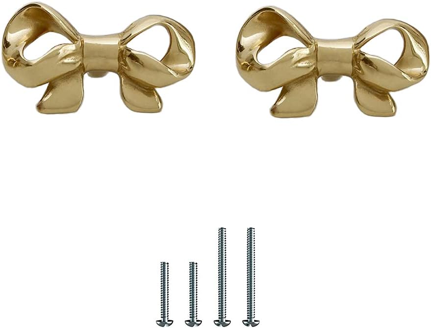 UniDes Pack of 2 Gold Brass Knobs for Dresser,Drawers and Cabinet, Decorative Bow Knobs and Pulls for Kids,Children,Girls Bedroom,2 PC
