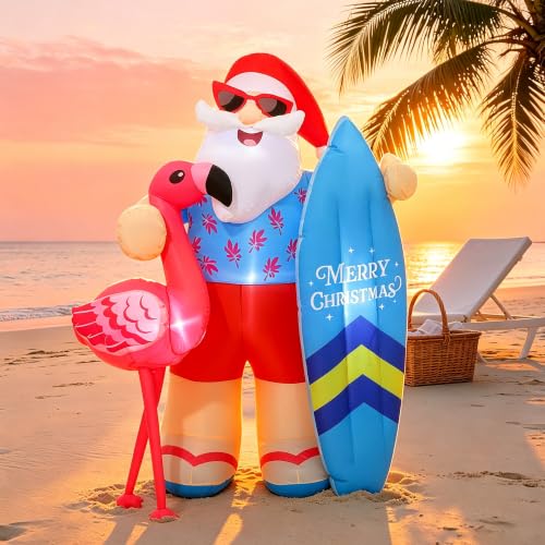 Vivantia Christmas in July Inflatable Summer Christmas Decorations 6.5 Ft Santa Claus Decoration Outdoor with Air Blower LED Lights Blow Up Garden Decor for Summer Christmas Beach Yard Party Supplies