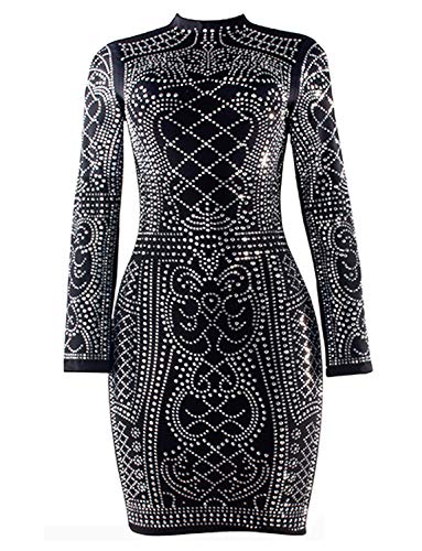 VWIWV Women Retro Luxurious Long Sleeve Mini Dress Sequin Bodycon Party Mini Dress with Zipper Black