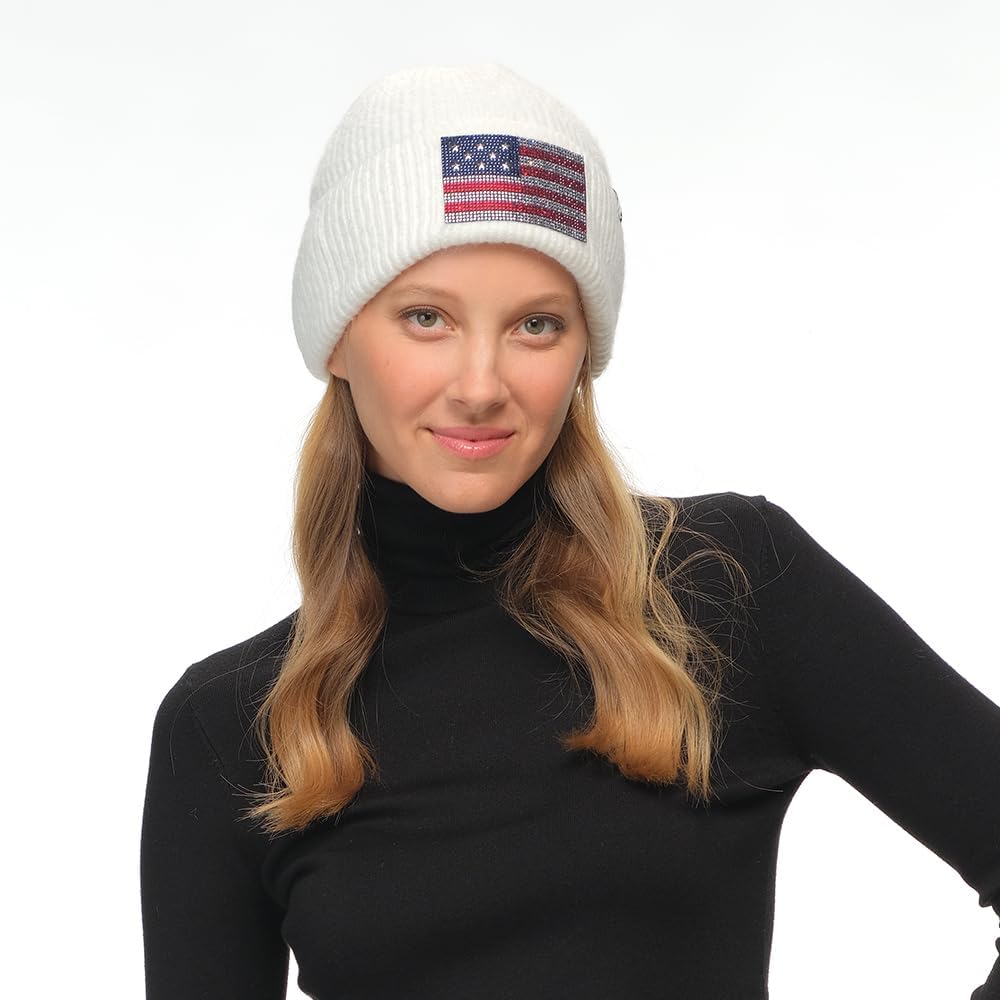 C.C American Flag Rhinestone Beanie for Women Unisex - Sustainable Recycled Yarn Stretchable Soft Warm Knit Winter Skully Hat