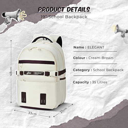 Image of Gear Elegant 19 inch /35L Large Water Resistant School Bag | Casual Backpack | Daypack | Travel Backpack | Kids Bag for Boys /Girls (Cream - Brown)