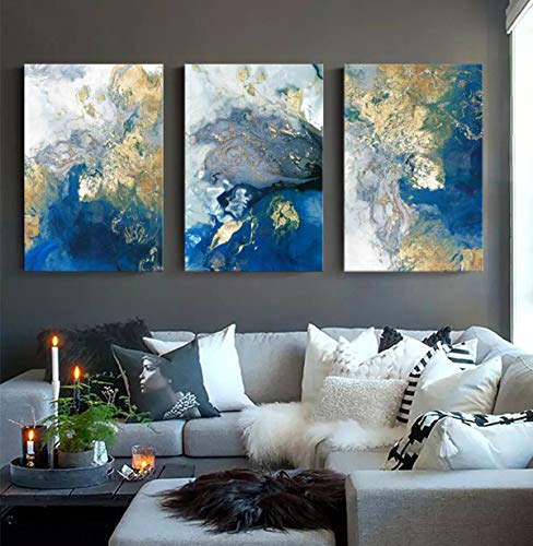 Ocean Abstract Canvas Art Blue Picture Gold Teal Painting Crashing Waves Artwork 3 Panel Wall Decor For Living Room Ready To Hang12X16In X3 #TOP1