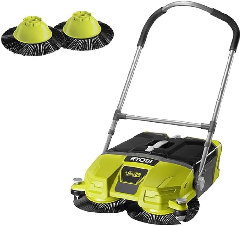 Ryobi Kabellos Akku-Kehrmaschine (18 V, Kehrbreite 53 cm, Kickschalter, Auffangbehälter 17 l, ohne Akku) R18SW3, Grün & RAKDSB02 Ersatzbürsten, 2 Stück