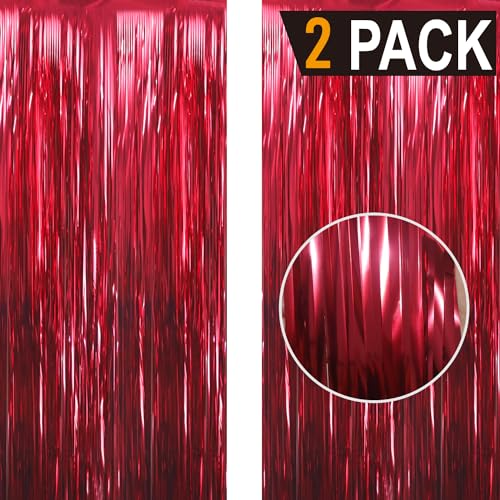 Image of GOER 2 x 3m Metallic Tinsel Fringe Curtains, Pack of 2, Streamer Backdrop for Birthday, Graduation Decoration and New Year's Eve (Burgundy)