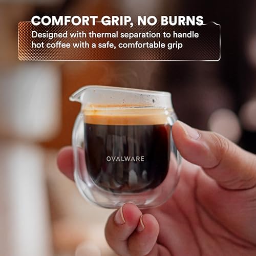 ovalware Espresso Pouring Glass Set of 2 | Double-Wall 2.7oz/80ml Shot Measuring Cup | Heat Protective Comfort | Oval Measurement Dots for Ristretto and Espresso | Drip-Free Precision Spout by ovalware - Image 3