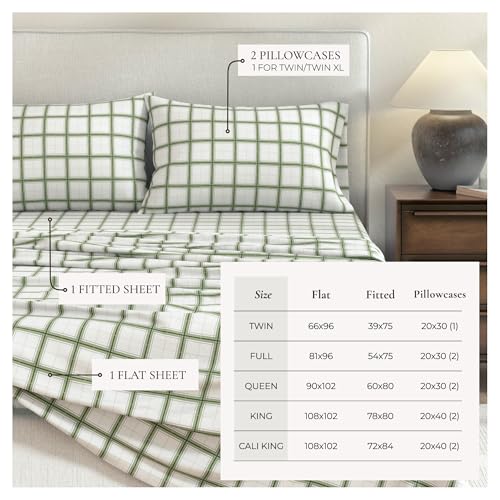 Image of Great Bay Home Flannel Sheets King Size - 100% Turkish Cotton, Double-Brushed, Plaid and Stripe Bed Sheet Set - Ultra-Soft, Cozy, 4-Piece Bedding Set (Block Plaid - Green /Grey)