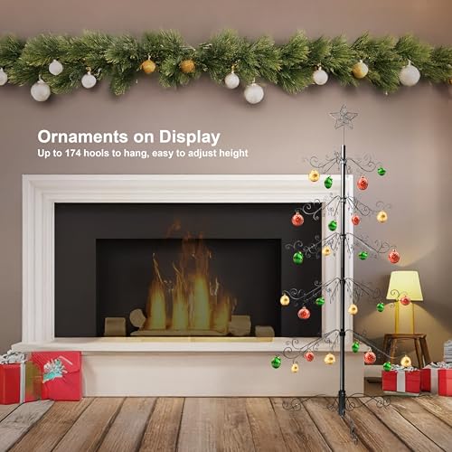 Image of HOHIYA 7 Ft Wrought Iron Christmas Tree Ornament Display Stand Metal Holder Hanger Wire Hanging for Halloween Glass Balls Decorations Gift 174 Hooks Black Taiwan Made