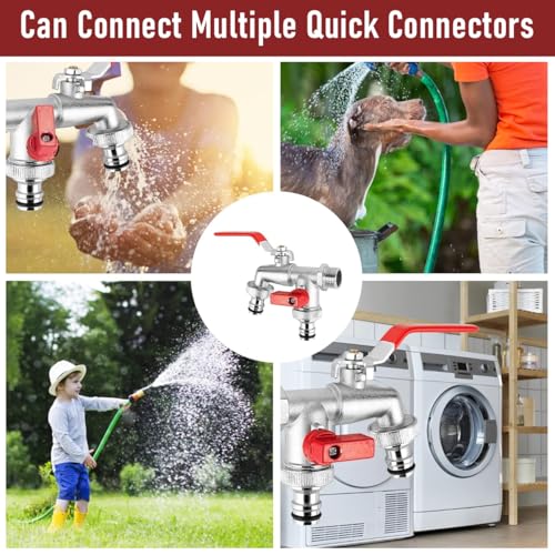 Image of HASTHIP Water Tap, Dual Outlet Garden Brushed Faucet, 1 /2 Inch Heavy Duty Zinc Alloy Two Way Tap with Individual Control