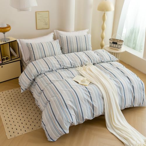 Image of Blue Striped Duvet Cover Bedding Set 100% Washed Cotton Linen Like King