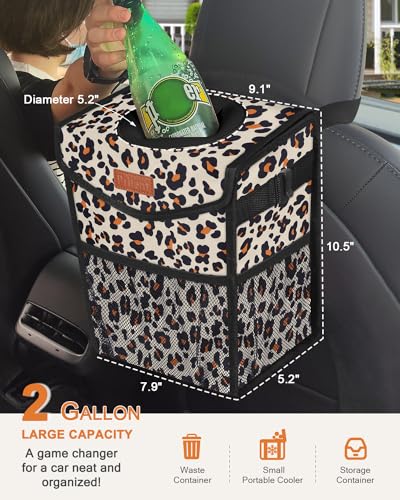 Image of Pritent Car Trash Can with Lid, Cute Leakproof Car Trash Garbage Bag Hanging Vehicle Trash Bin Small Portable Automotive Garbage Cans Organizer for Back /Front Seat(Trapezoid,Leopard