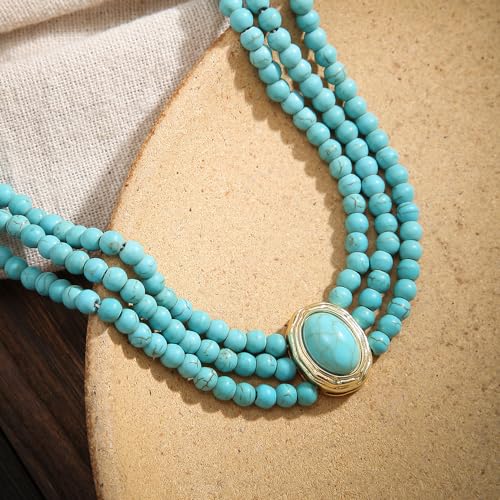 Octwine Boho Round Imitation Turquoise Layered Choker Necklace Multi Strands Vintage Choker 1920s Bridal Wedding Christmas Vintage Shiny Necklace for Women4