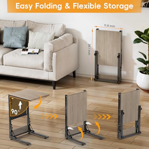 Image of Folding TV Tray Table, Small Folding Side Table with Storage Bag, Portable C Shaped End Table for Couch Sofa Bed, Oak Gray