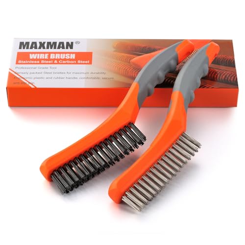 MAXMAN Wire Brush Set, Heavy Duty Stainless Steel and Carbon Steel Wire Brushes for Cleaning Rust, Grill, Dirt, Paint Removal, Welding, Stiff Bristle Metal Brush with 10" Plastic Handle, Large, 2Pcs