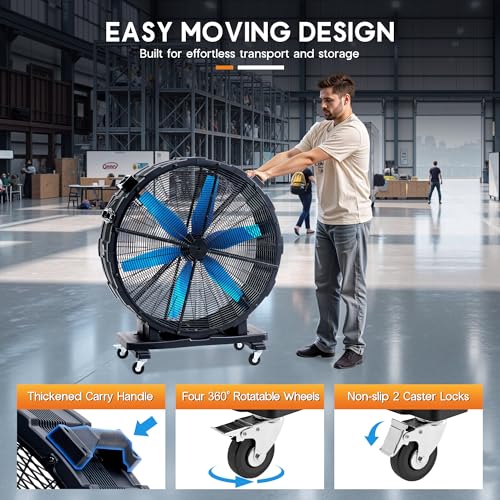 Image of Albott 48 Inch Industrial Drum Fan, 17,660 CFM High Velocity Floor Fan with Wheels, 750W Heavy Duty Plastic, 3 Speeds Portable Blower for Garage, Workshop, Warehouse, Basement, Commercial Space