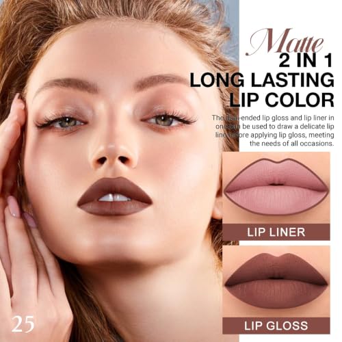 Image of evpct 1Pcs Nude Brown Matte Lip Liner and Liquid Lipstick Stain Makeup Set for women, Brown Long Lasting Smudge Proof Lipstick labiales matte mate larga duracion listip 24 hours originales, 25#