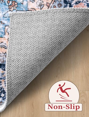 SERISSA Boho Washable Runner Rug, 2'6"x8' Non-Slip Vintage Blue Orange Hallway Kitchen Runner Rug Ultra Soft Print Distressed Tribal Floor Carpet for Bedroom Bathroom Laundry Room