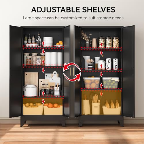 Image of COFaR 61 inch Metal Pantry Cabinet in Black, Modern Storage Cabinet with Adjustable Shelves, Sturdy Metal Cupboard for Kitchen, Office, Living Room & Bathroom Organization