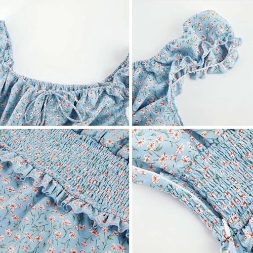 Image of Womens Summer Sundress Ruffle Sleeve Sweetheart Neck Print Mini Dress | Sundresses, Smocked Waist, Boho Floral, Flowy Ruffle Hem, Beach, Country Concert, Date Night