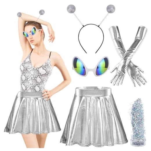 SelfTek Disfraz Alien Mujer, 5 PCS Disfraz Extraterrestre Mujer, Disfraz Alien Mit Gafas, Guantes Largos, Diadema, Disfraz Mujer Del Espacio Para Cosplay Celebración Carnaval Halloween