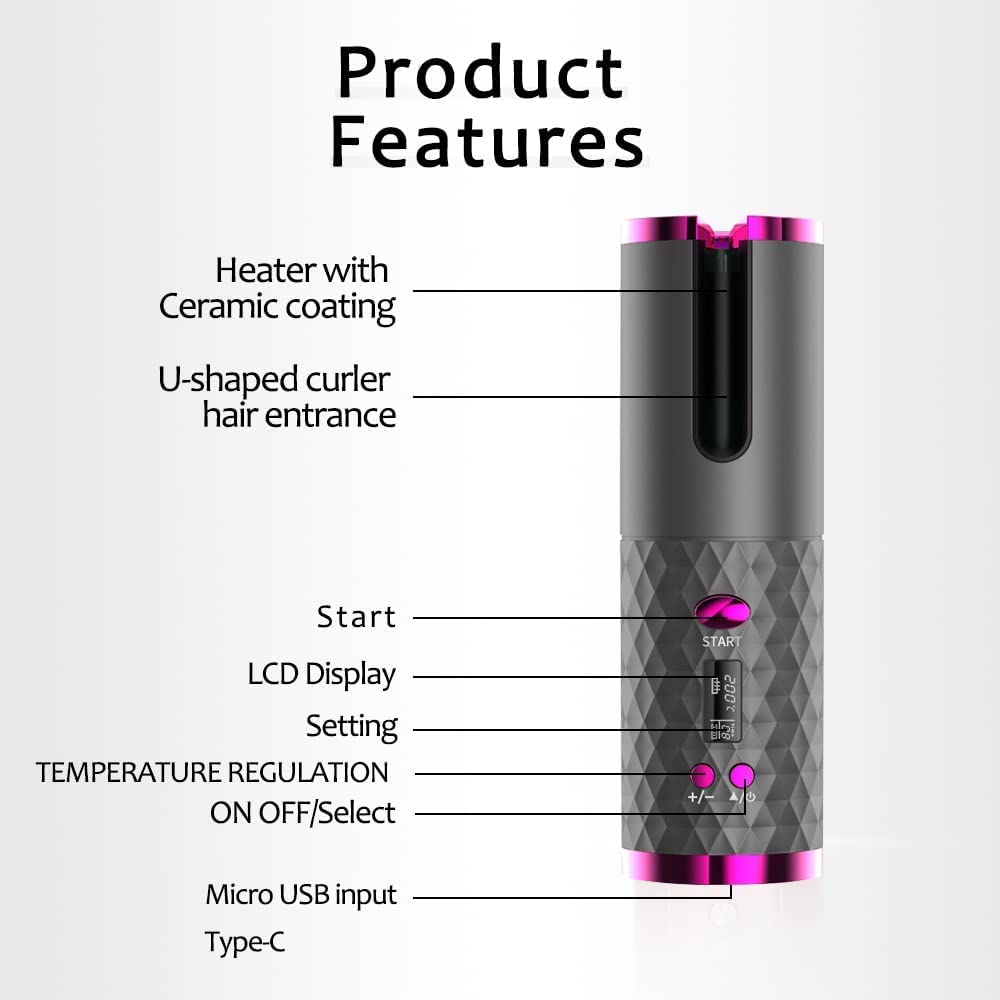 Unbound - Rizador de pelo inalámbrico de cerámica giratorio automático, recargable por USB, pantalla LED, temperatura