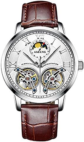 Ailang WhatsWatch Men's Watch Top Luxury Brands Automatic Mechanical Watches Double Tourbillon Genuine Leather Sapphire Glass Water Resistant 30M (Silver Shell White Flour) -288