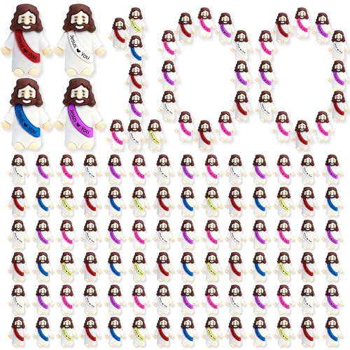 TFengfly 100 Pcs Little Jesus Figures in Bulk Small Easter Jesus Loves You Toys Colorful Mini Rubber Jesus Miniatures to Hide and Seek Religious Gift Party Favors Easter Egg Stuffers (100)