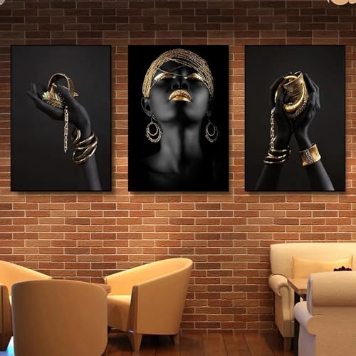 Portrait femme art africain sur toile premium 3 pièces avec cadre noir