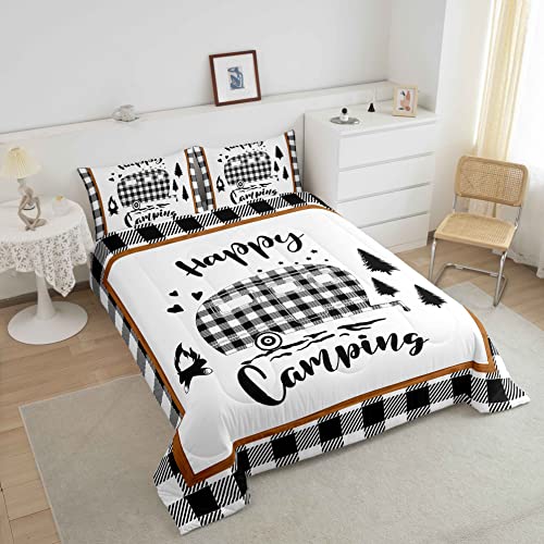 Boys Happy Camping Queen Size Comforter Set Kids Camper Decor All Season Bedding Set Girls Teens Rustic Farmhouse Comforter Camping Car Decor Geometric Quilt Set Bedroom Collection 3Pcs,White Black #TOP2