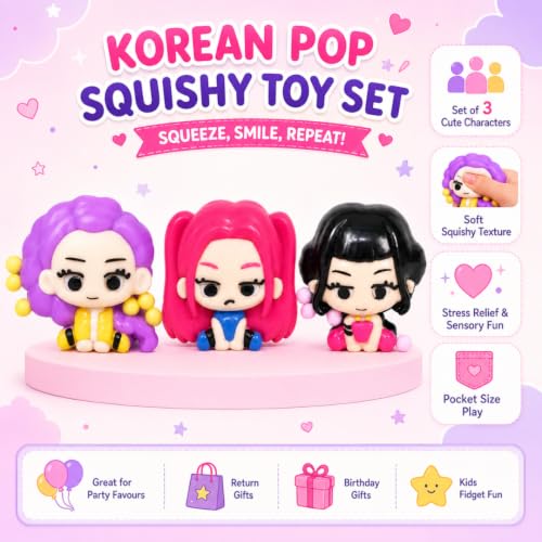 Image of Wanna Party Korean Pop Inspired Squishy Toys for Kids - Set of 3 | Cute Character Stress Relief Squeeze Toys, Soft Sensory Fidget Toys for Party Favours, Return Gifts & Birthday Gifts