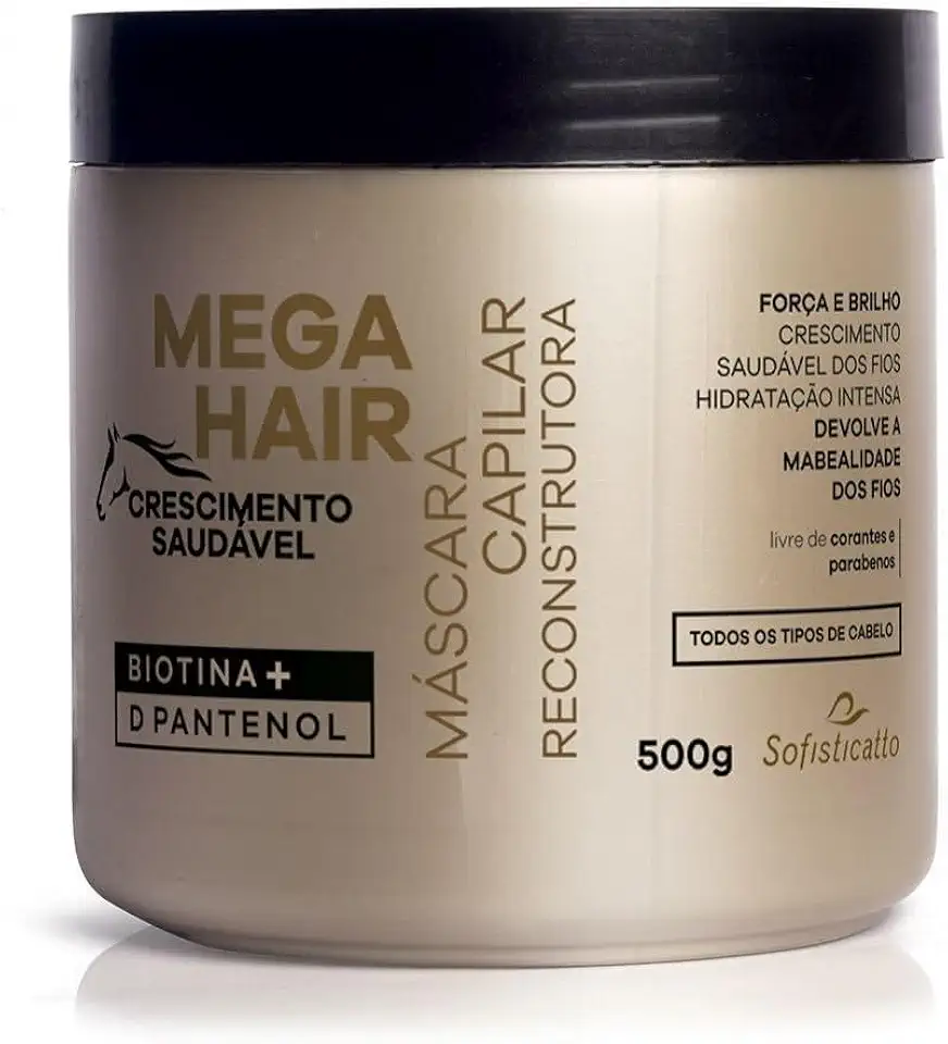 Mega Hair Máscara Capilar Reconstrutura com Biotina e D Pantenol Crescimento Saudável, Hidratação Intensa 500g