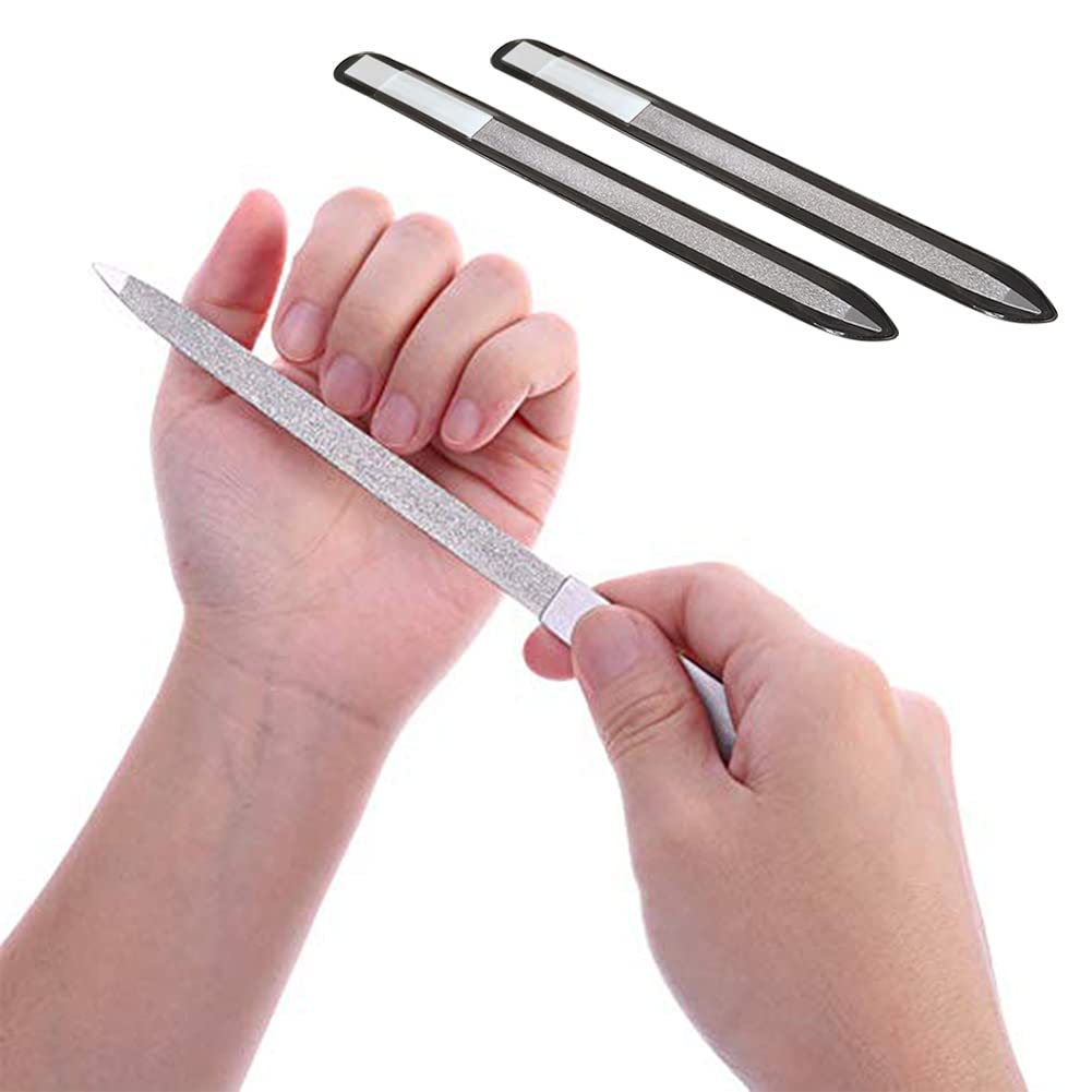 Diamond Nail File 2 Pack, 7 inch Stainless Steel Double Sided File Buffer for Gentle Precise Nail Shaping with Anti-Slip Handle and Case, Washable Metal Nail File for Nail Art Care Pedicure Manicure
