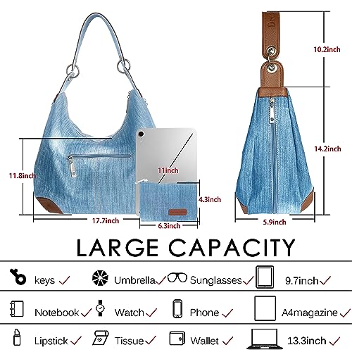 Denim Handbags for Women Jean Purse with Multiple Pockets Denim Blue Pocketbooks Tote Hobos Crossbody Bags4