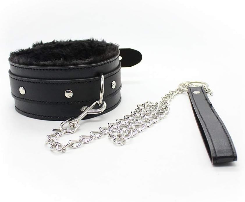 Choker Collar, Rabi Choker Collar Padded Leather Faux Fur Lined Costume and Detachable Leather and Chain Leash (Black)