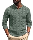Askdeer Men's Cable Knit Pullover Sweater Stand Collar Button Classic Casual Sweaters Henley Knitted Pullover Green