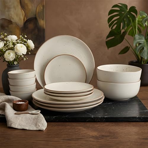Image of Miah Decor Ceramic Dinner Set - 14-Piece Handmade Stoneware | 4 Bowls, 4 Quarter Plates, 4 Dinner Plates & 2 Serving Bowls | Off White Ribbed Matte Finish | Microwave & Dishwasher Safe | Ideal Gift