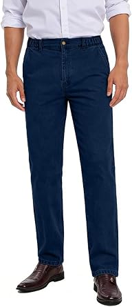 Elastic Waist Jeans for Men Relaxed Fit Mens Jeans Denim Pants with Zipper and Button