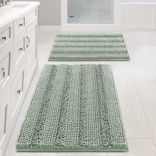 H.VERSAILTEX Sage Bathroom Rugs, Bath Mat Set of 2 Extra Thick Chenille Striped Pattern Shaggy Bath Rugs for Bath Room, Non Skid Bath Mats for Bathroom Floor (32 x 20 Plus 24 x 17 – Inches)