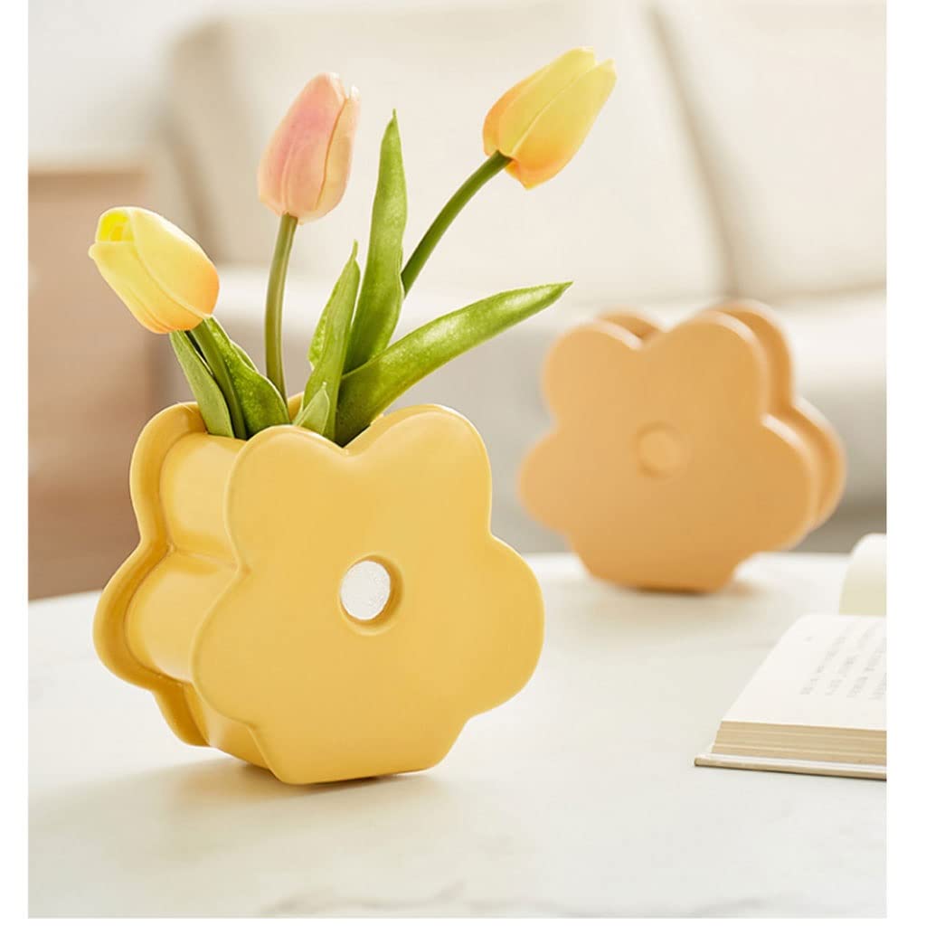 Wazon na Kwiaty Twórczy Flower Shape Wazon Nordic Śliczne ceramiczne wazony stół dekoracje Salon suszone kwiaty do wystroju domu Sztuki Dekoracyjny(Yellow)