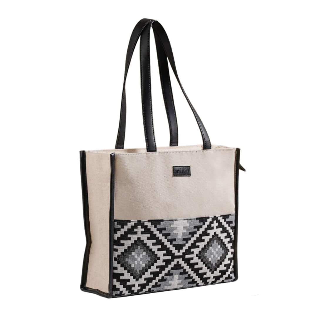 Small Black and Beige Handcrafted Nahua Canvas Magazine Multipurpose Tote Bag For Women | Jute Bag, Lunch Bag, Office Bag, Shopping Bag ( 11.6 X 9.8 Inch)