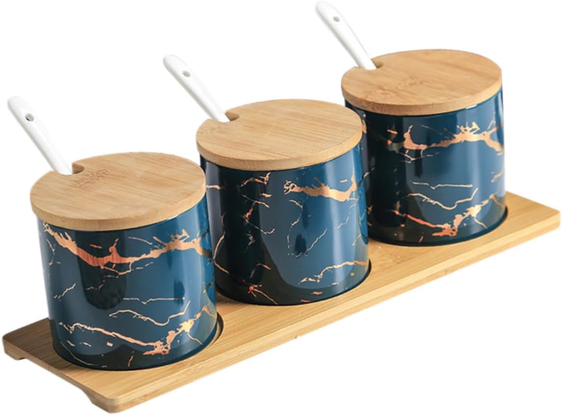 1set Ceramic Seasoning Container with Lids and Spoons Emerald Marble Kitchen Jars for Spices Condiments Salt and Peppers for Home and Dining Decor