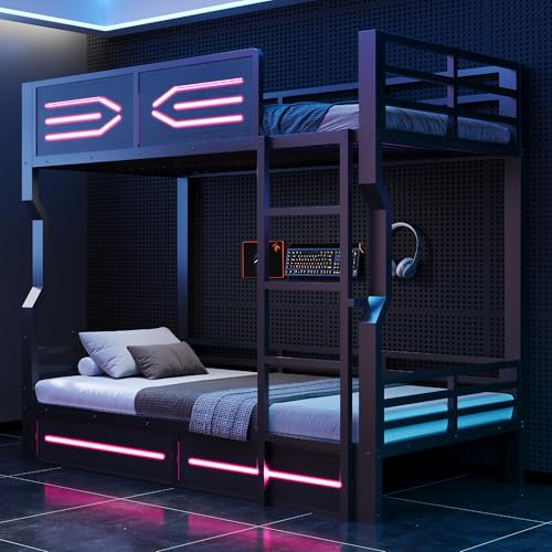 Sapgaks Lit superposé Enfant 90 × 200 cm avec éclairage LED,lit Mezzanine 2 Places,lit superposé 2 Places,lit Enfant avec Barriere,lit Double Enfant...
