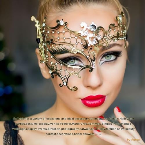 Image of Aqearl Masquerade Mask for Women Metal Mask Shiny Rhinestone Venetian Party Evening Prom Ball Mask Bar Costumes Accessory